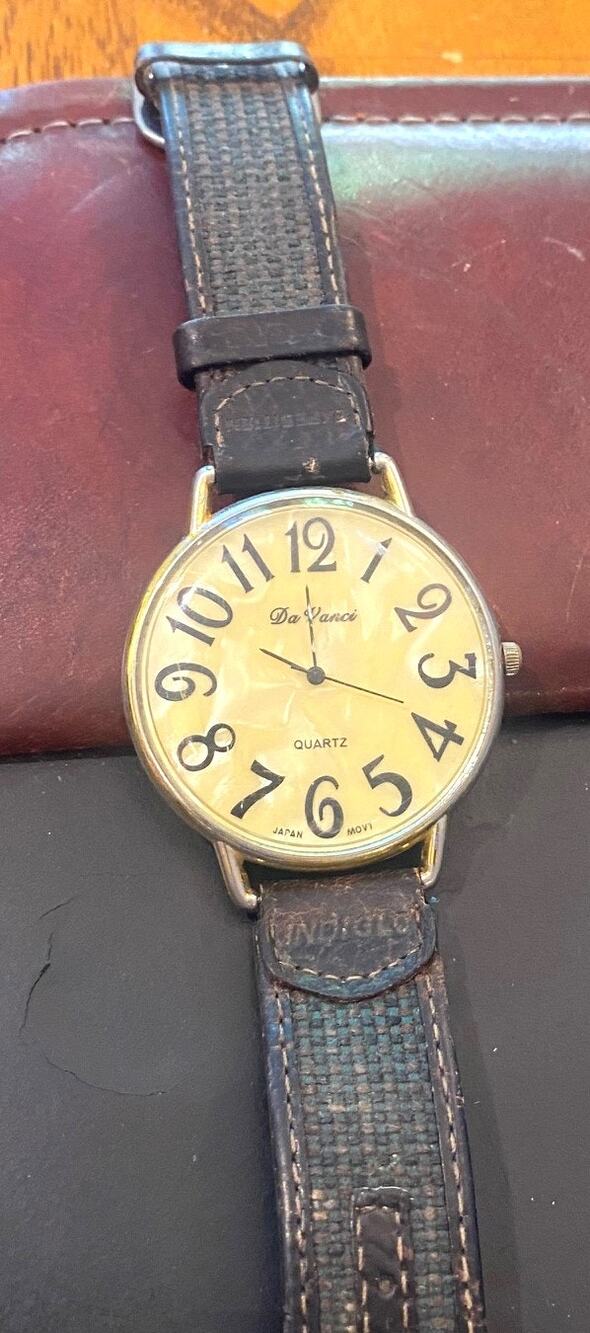 VTG Unisex 43mm Gold Tone Da Vanci Watch, MOP Face, Leather and Canvas Band